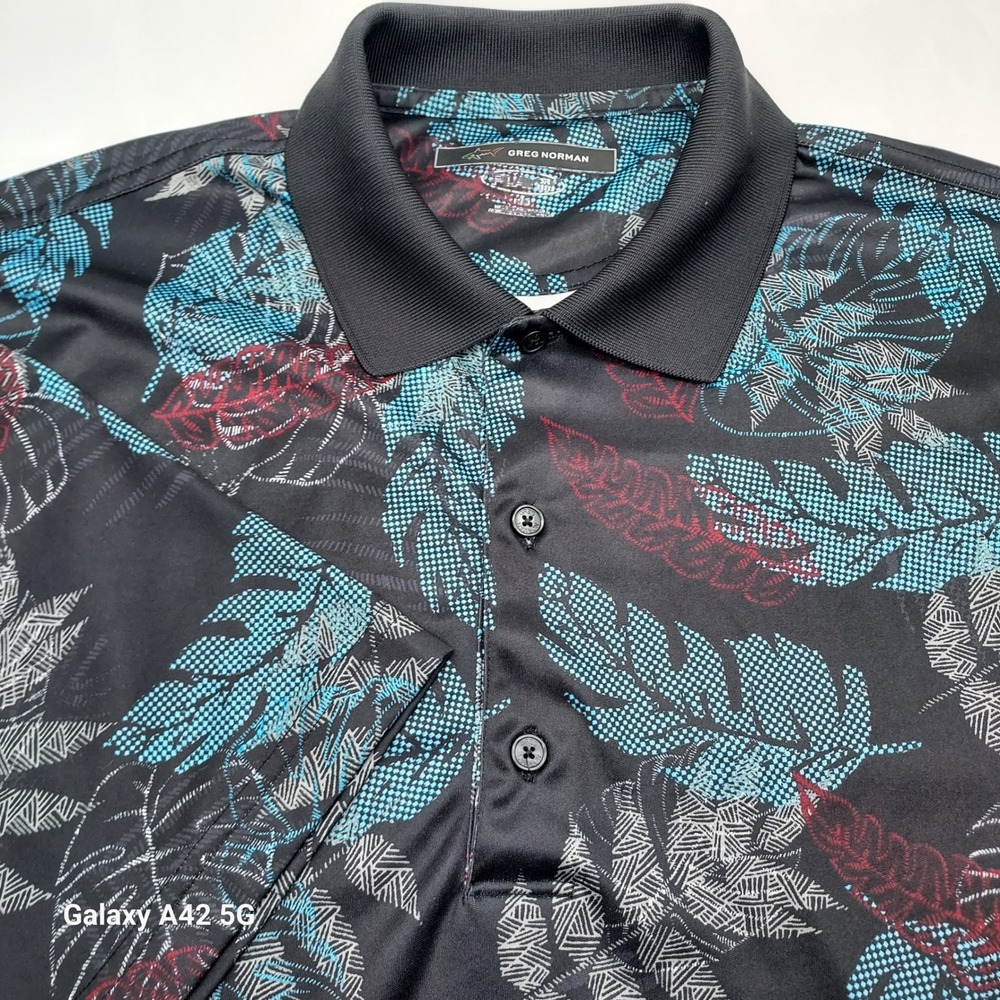 Greg Norman Play Dry Mens Medium Golf Polo Shirt Tropical Leaf Print Black Blue
